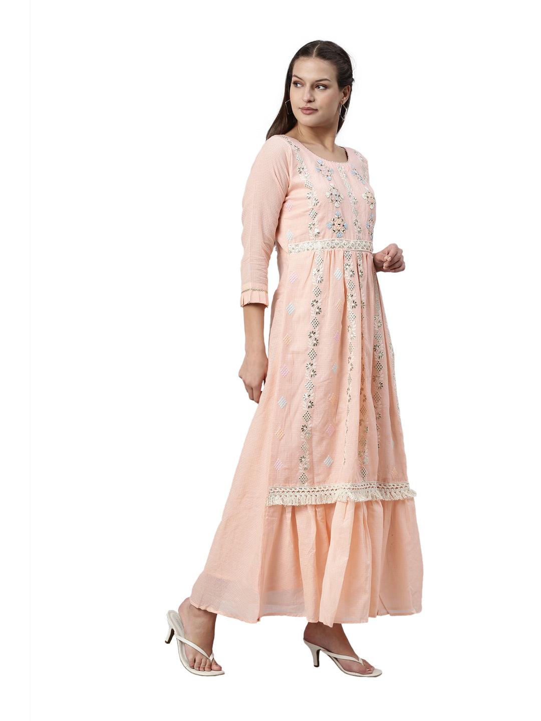 Neerus Peach Color Kota Fabric Kurta