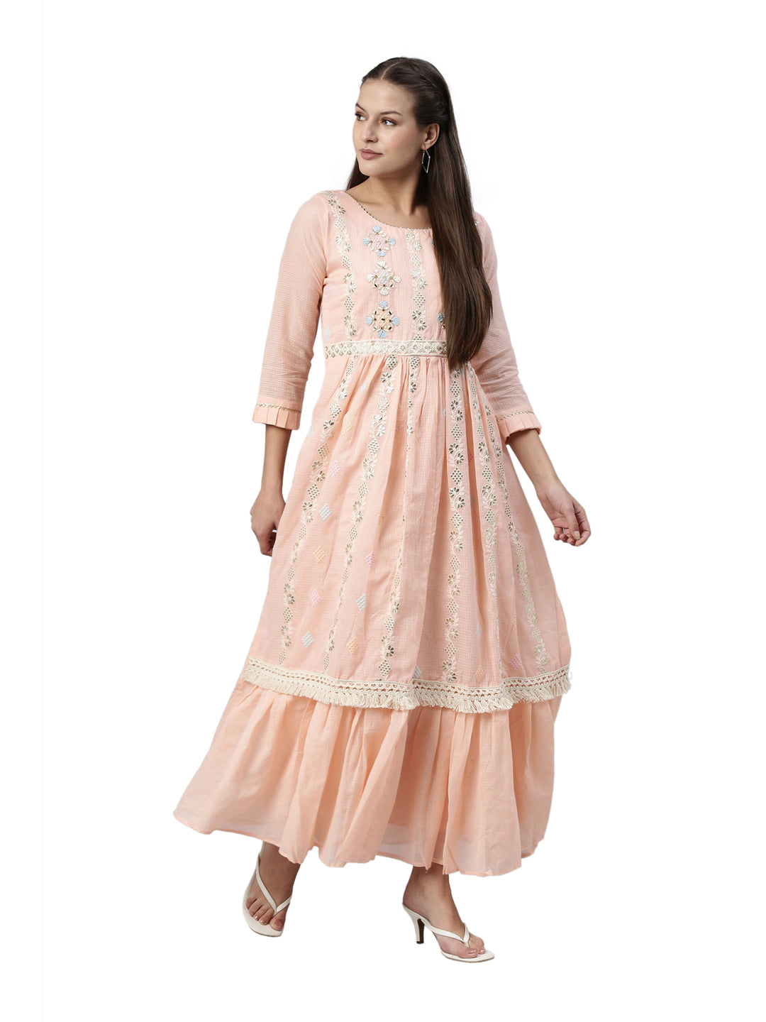 Neerus Peach Color Kota Fabric Kurta