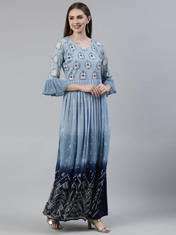 Neerus Blue Georgette Printed Kurta Set with Sharara and Dupatta - back view