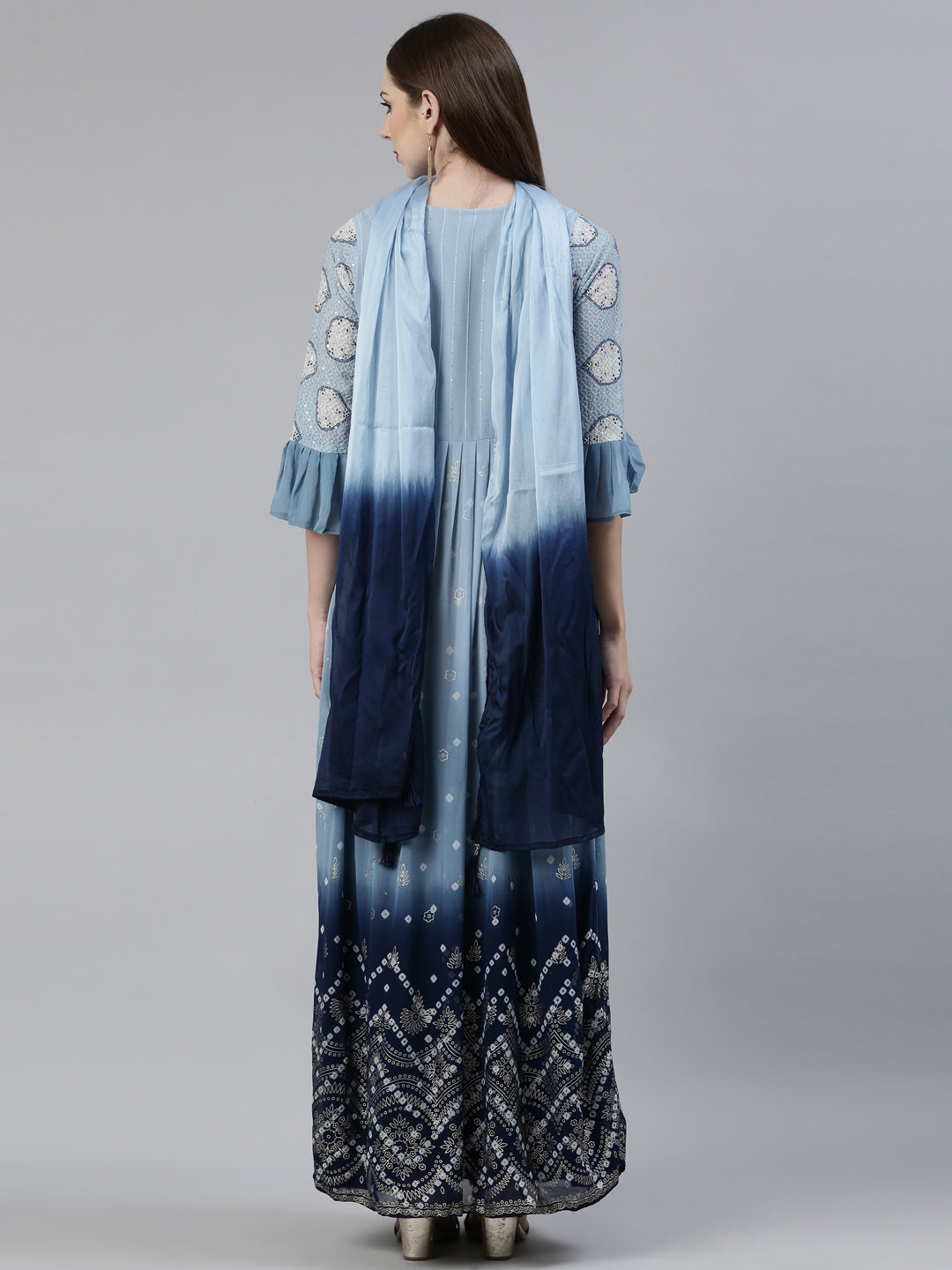 Neerus Blue Georgette Printed Kurta Set with Sharara and Dupatta - side view
