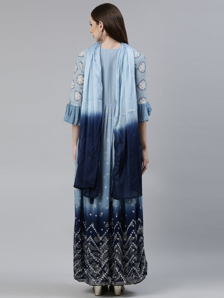 Neerus Blue Georgette Printed Kurta Set with Sharara and Dupatta - side view