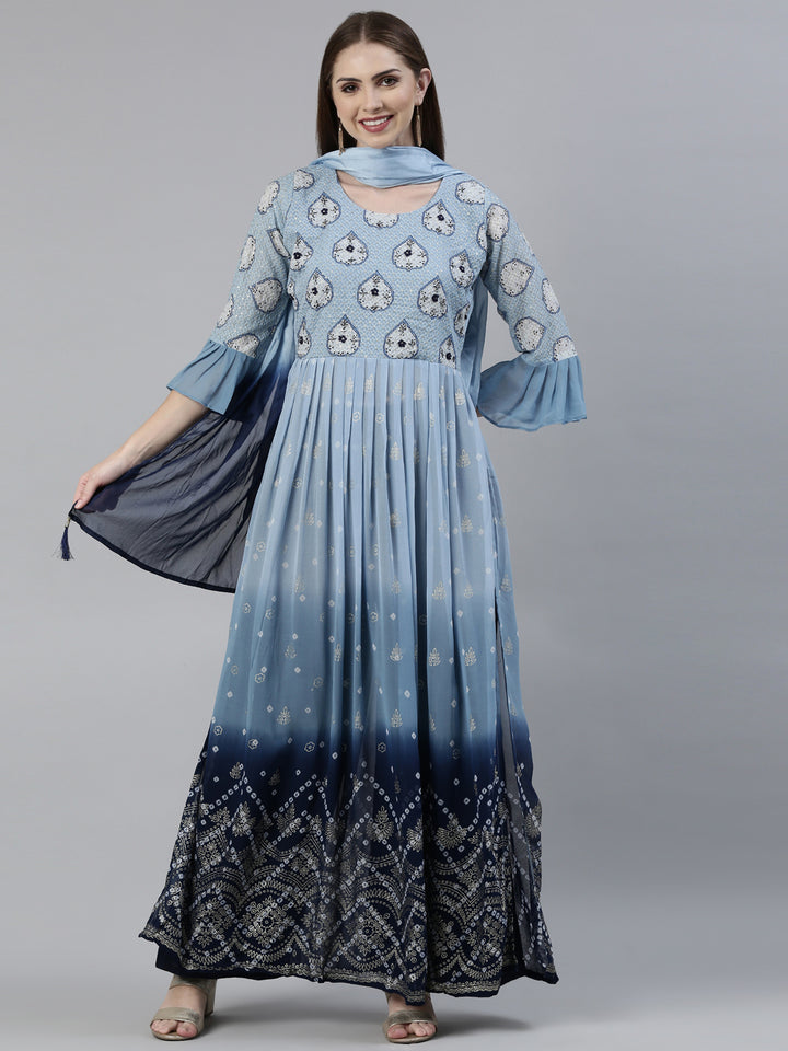 Neerus Blue Georgette Printed Kurta Set with Sharara and Dupatta - front view