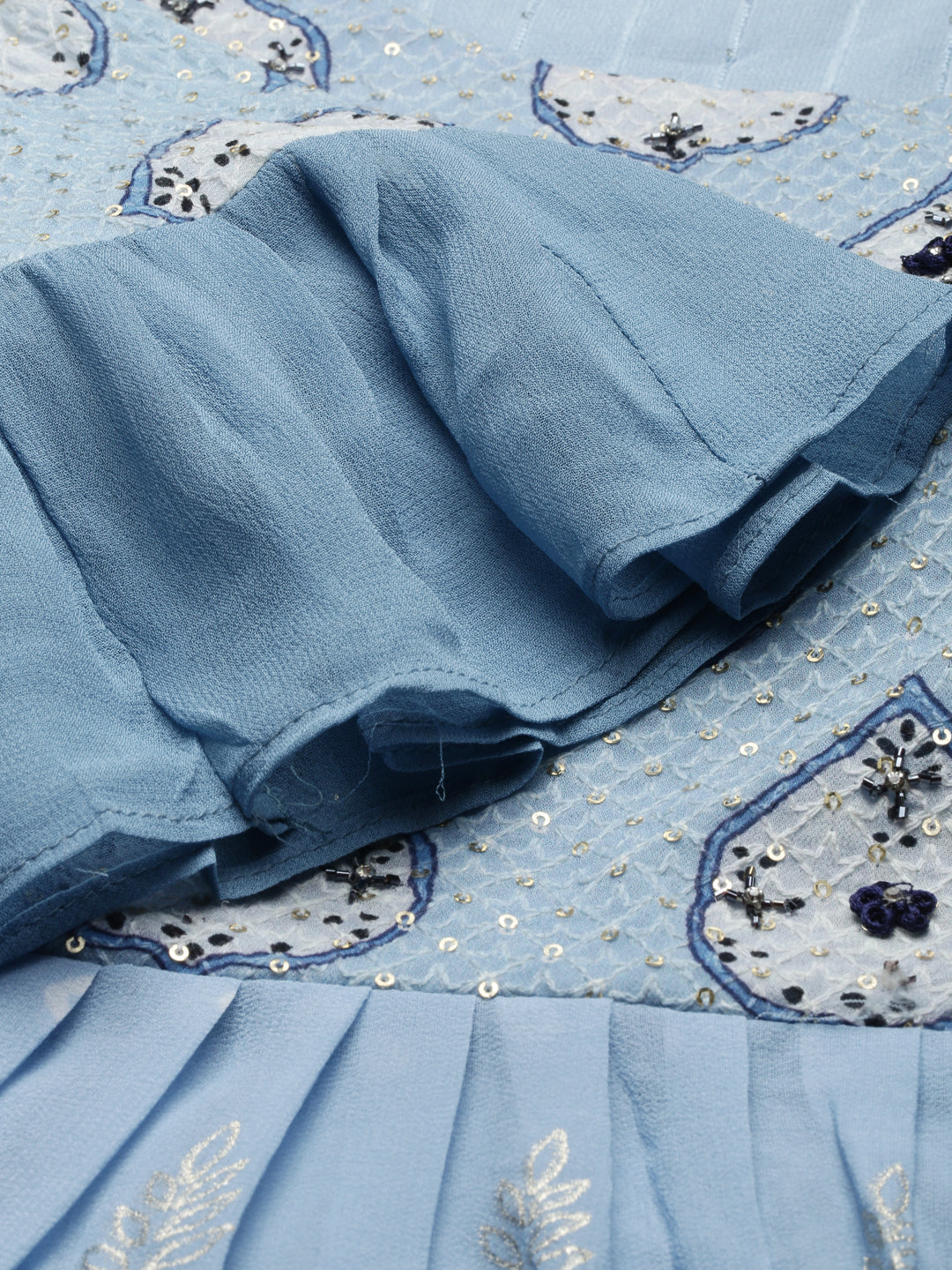 Neerus Blue Georgette Printed Kurta Set with Sharara and Dupatta - detail view 2