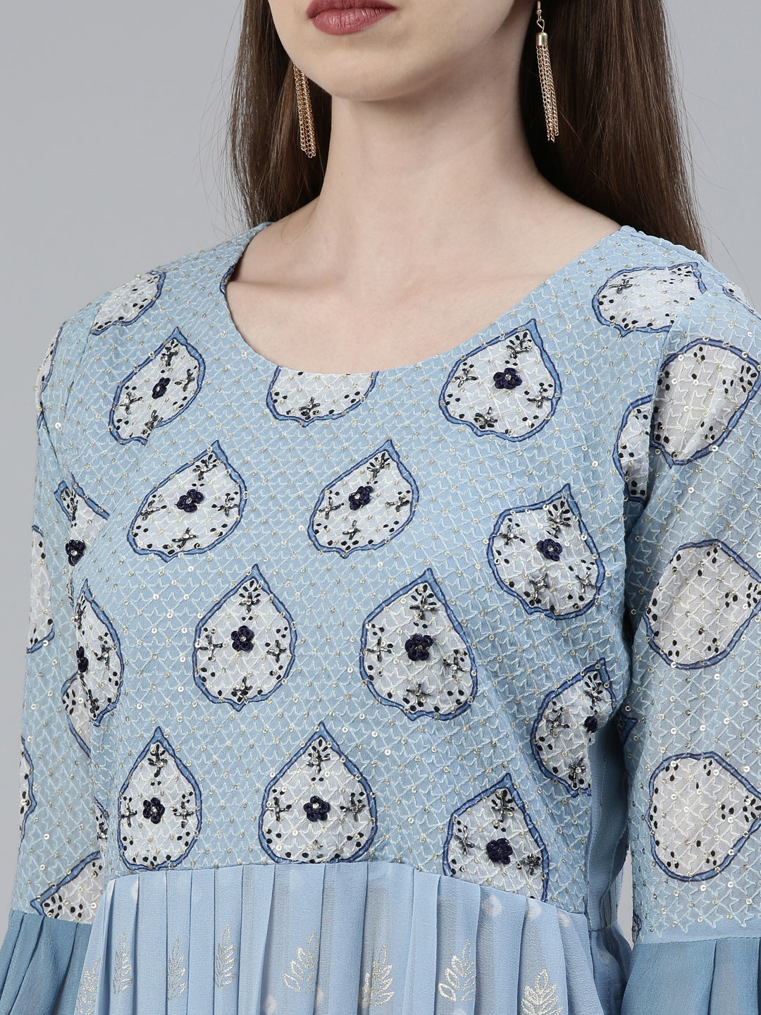 Neerus Blue Georgette Printed Kurta Set with Sharara and Dupatta - detail view 1