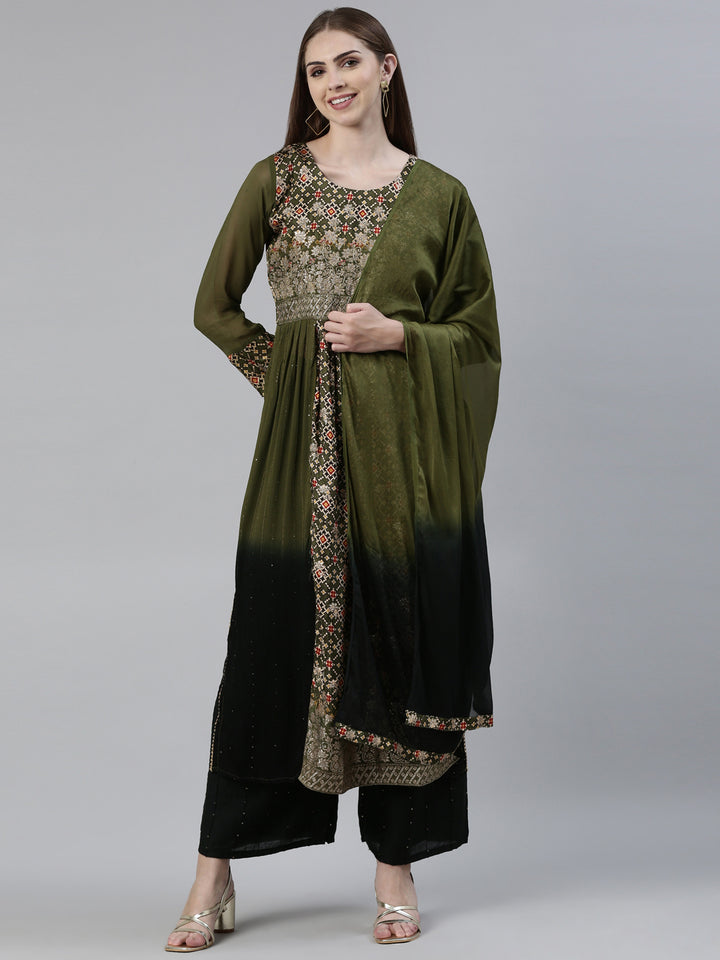 Neerus Green georgette printed kurta set with palazzo and dupatta - front view