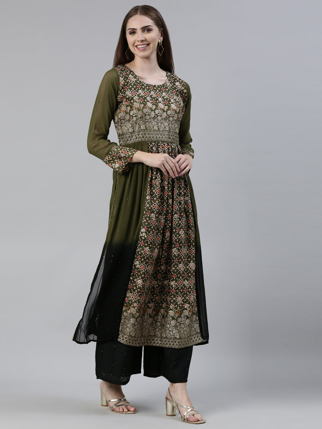 Neerus Green georgette printed kurta set with palazzo and dupatta - back view