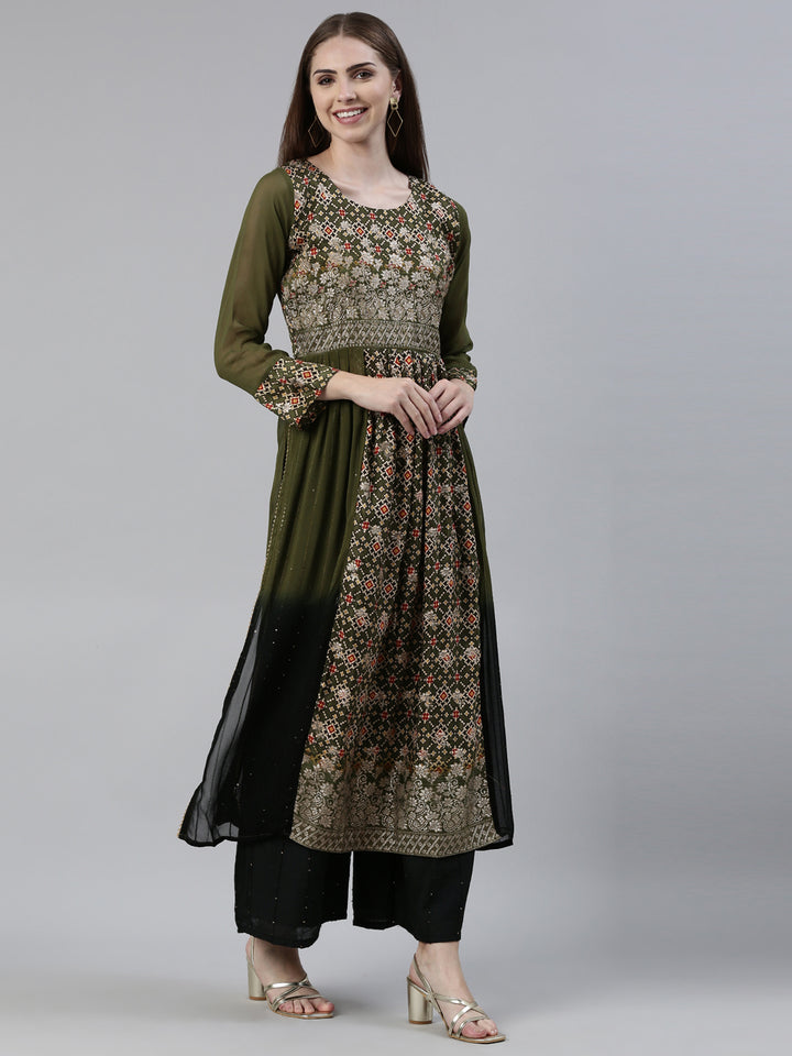 Neerus Green georgette printed kurta set with palazzo and dupatta - back view