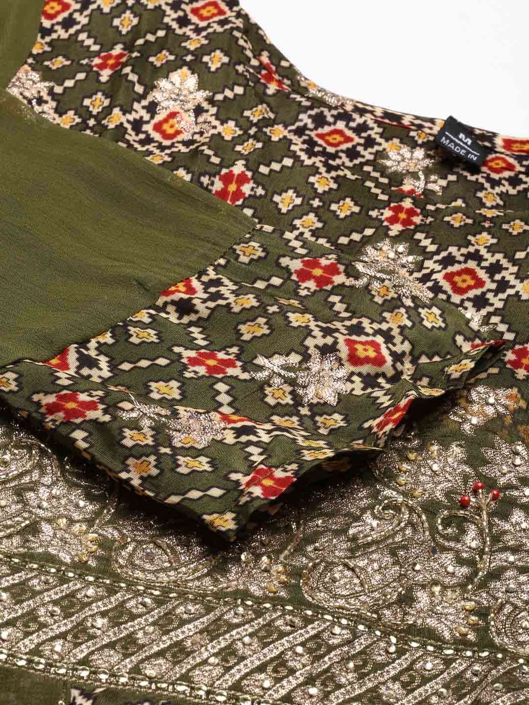 Neerus Green georgette printed kurta set with palazzo and dupatta - detail view 2