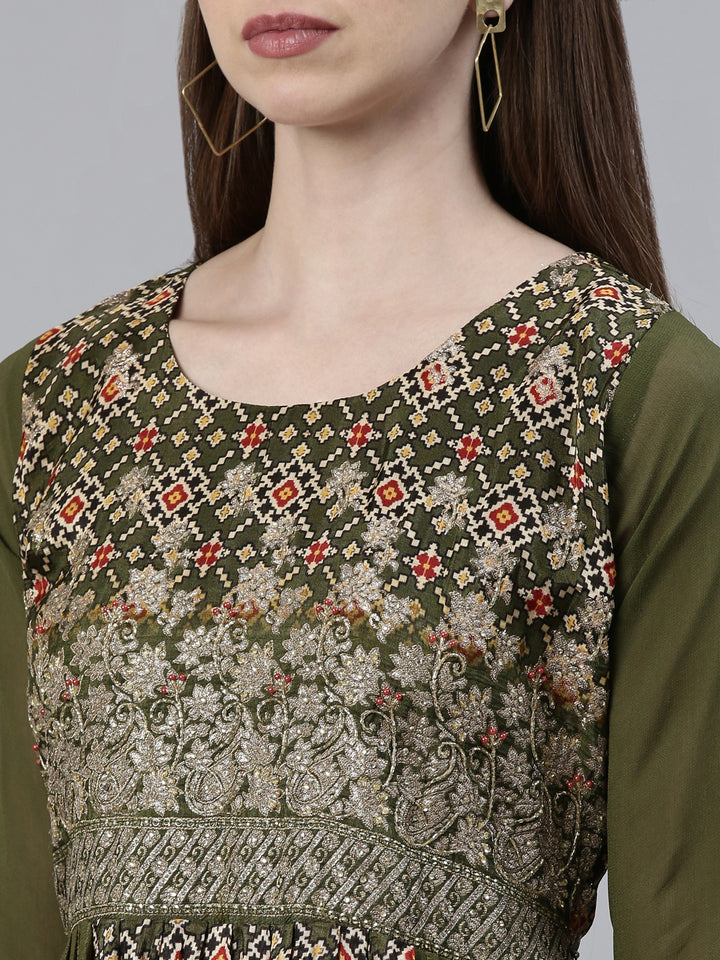 Neerus Green georgette printed kurta set with palazzo and dupatta - detail view 1