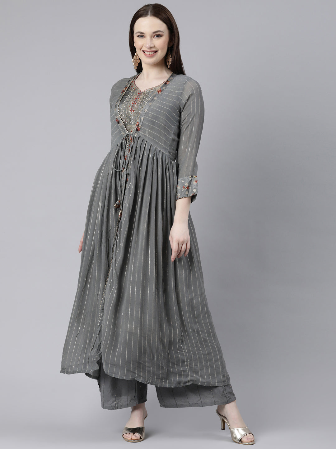 Neerus Grey printed kurta set with palazzo and dupatta - front view