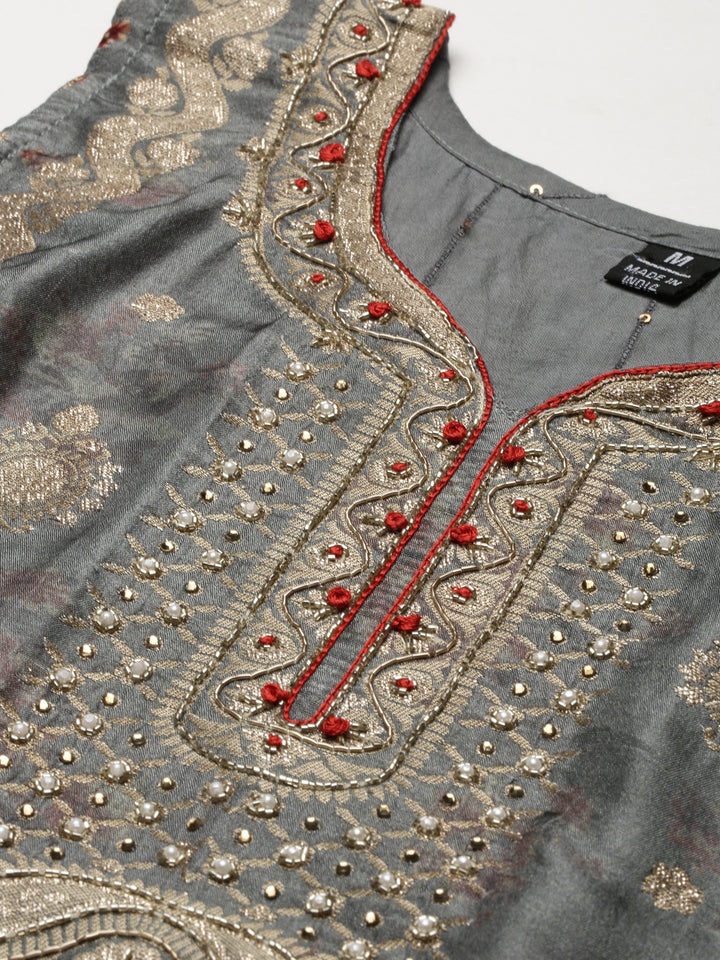Neerus Grey printed kurta set with palazzo and dupatta - detail view 2