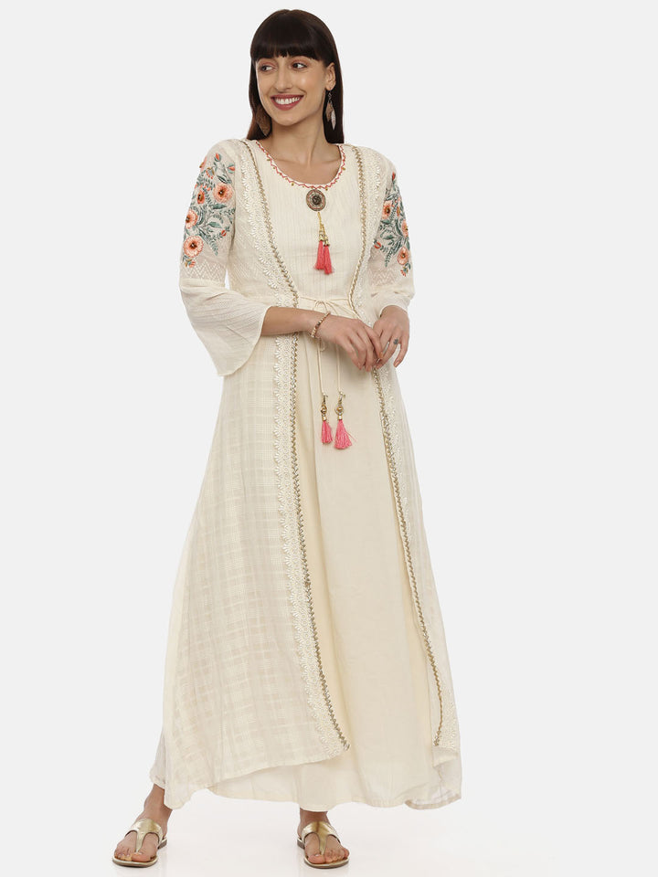 Neerus Beige cotton solid tunic dress - front view