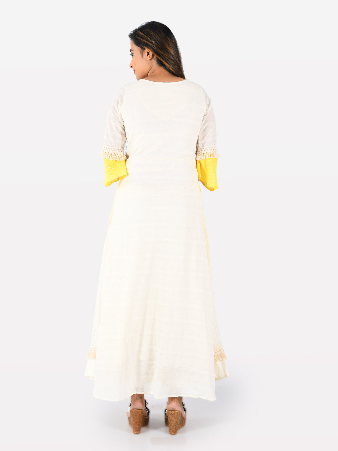 Neerus White cotton solid tunic dress - back view