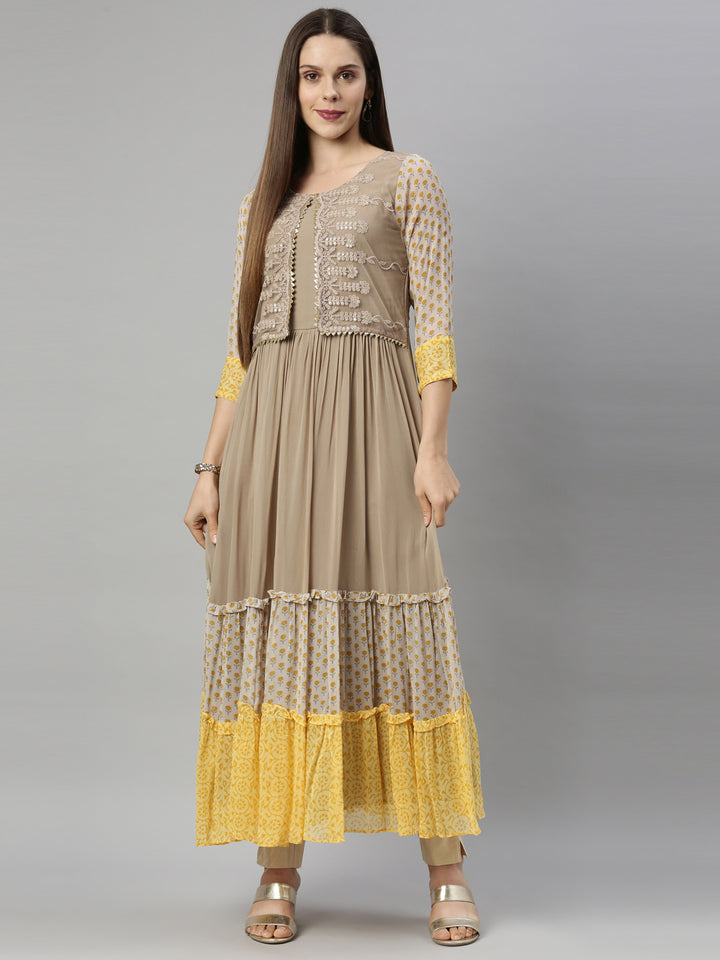 Neerus Grey georgette solid kurti - front view