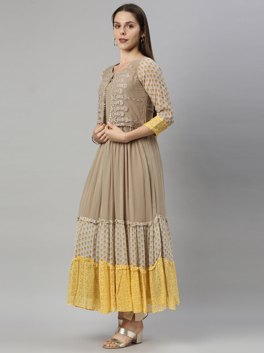 Neerus Grey georgette solid kurti - detail view 1