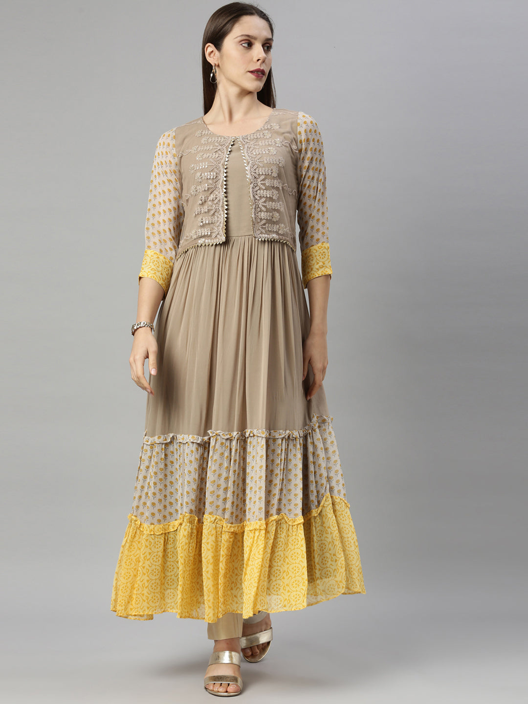 Neerus Grey georgette solid kurti - detail view 4