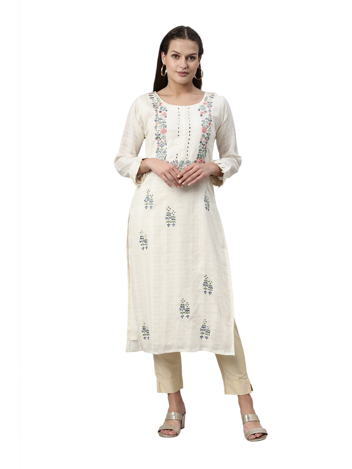 Neerus Beige cotton solid kurta - front view