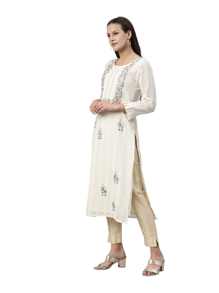 Neerus Beige cotton solid kurta - side view