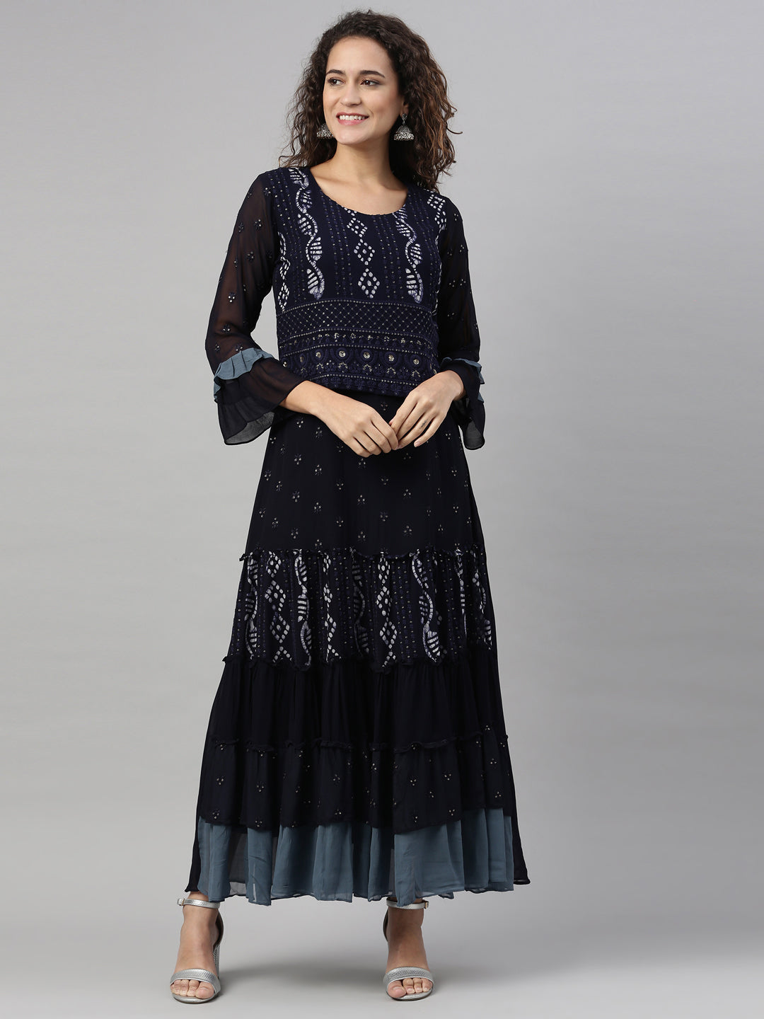 Neerus Navy Blue Color Georgette Fabric Kurta