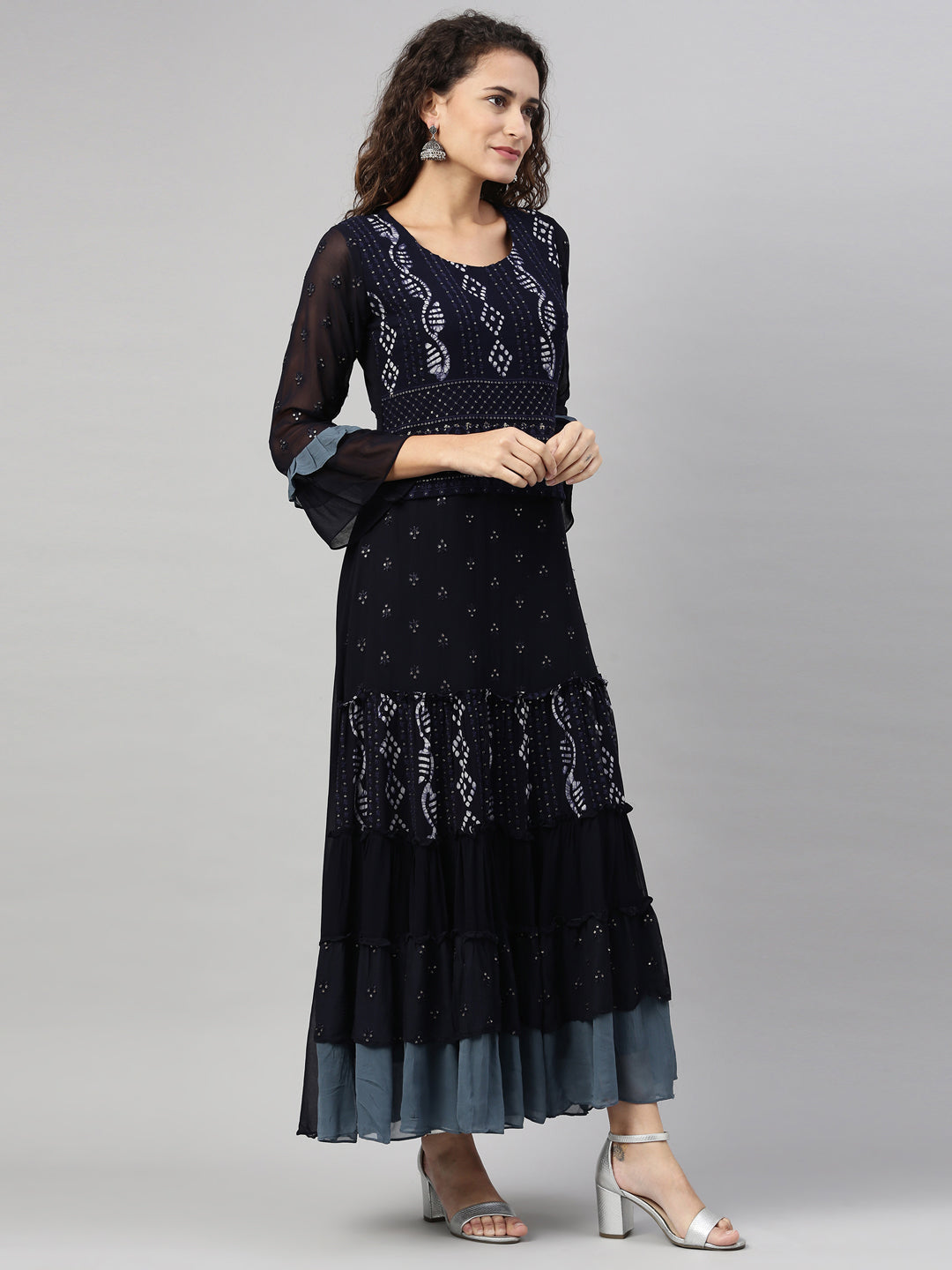 Neerus Navy Blue Color Georgette Fabric Kurta