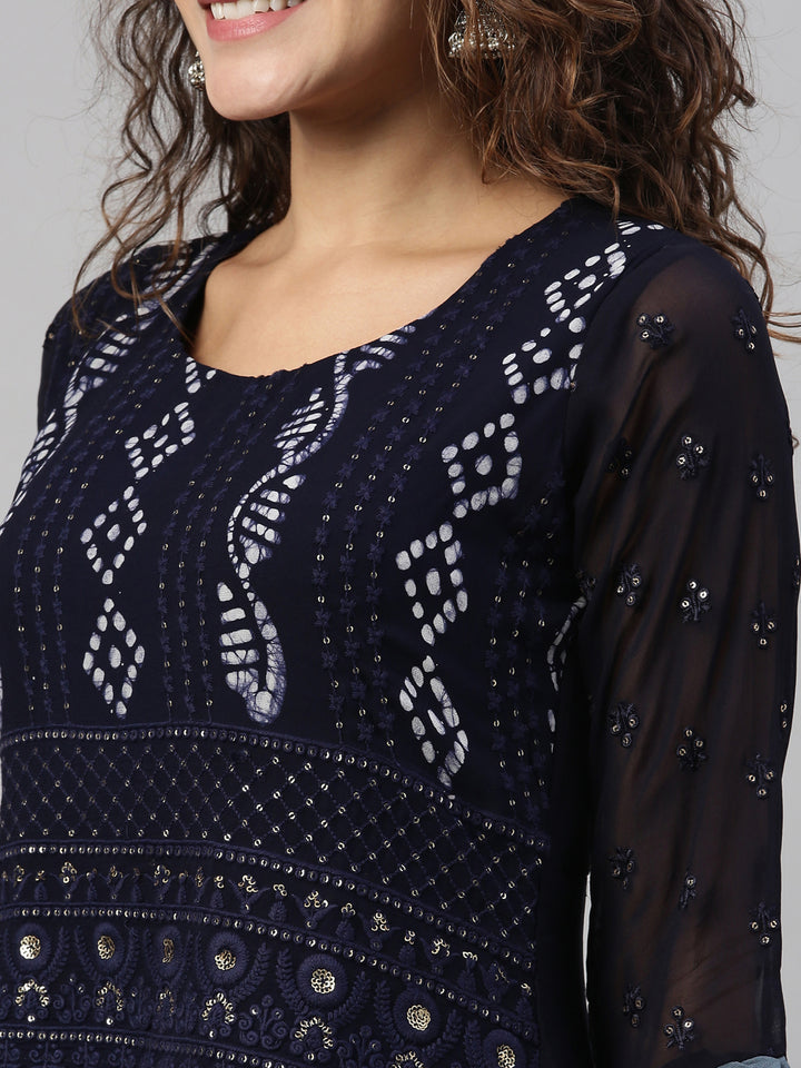 Neerus Navy Blue Color Georgette Fabric Kurta