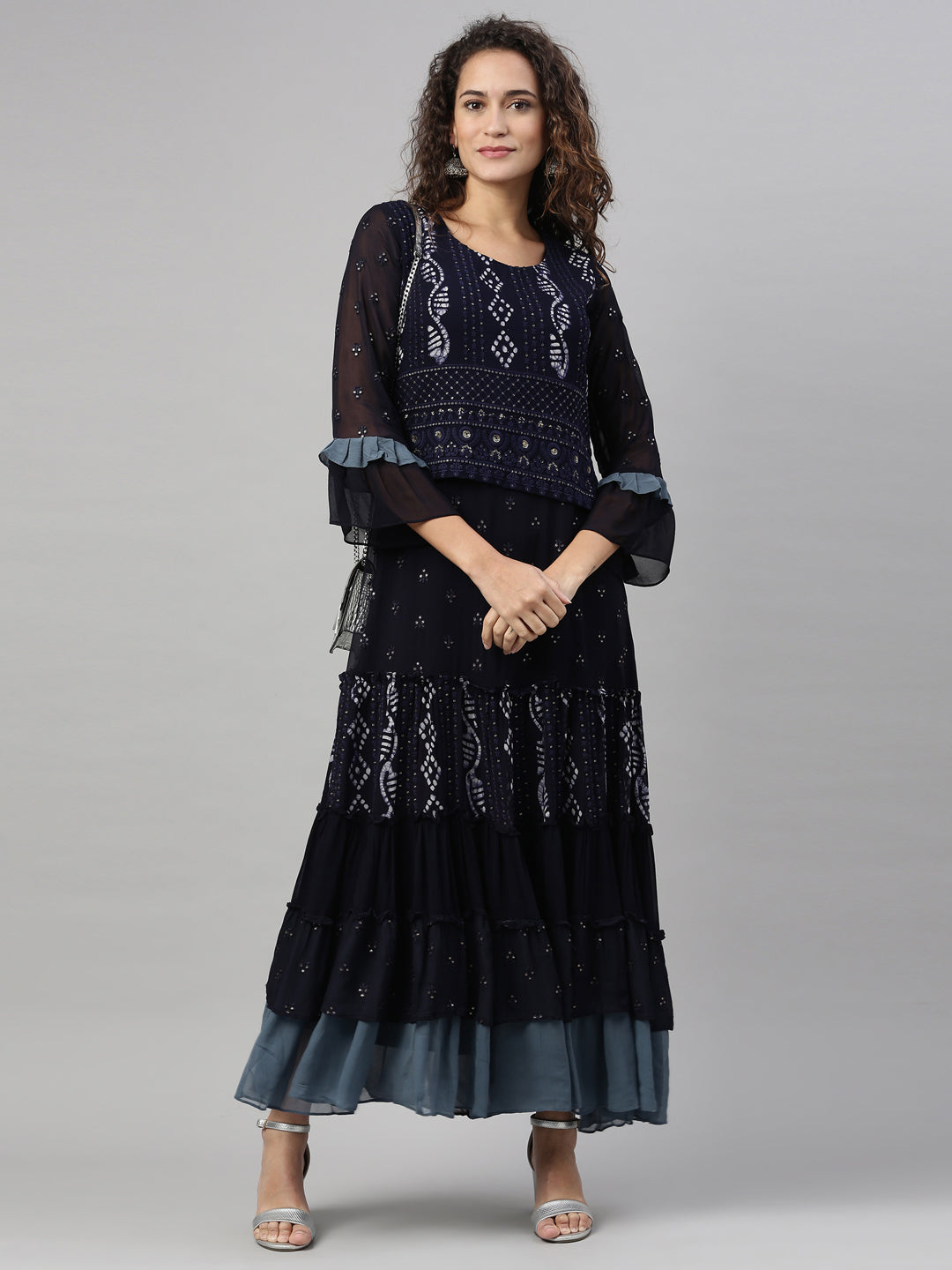 Neerus Navy Blue Color Georgette Fabric Kurta