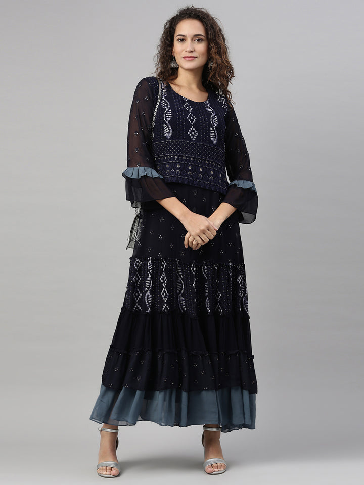 Neerus Navy Blue Color Georgette Fabric Kurta