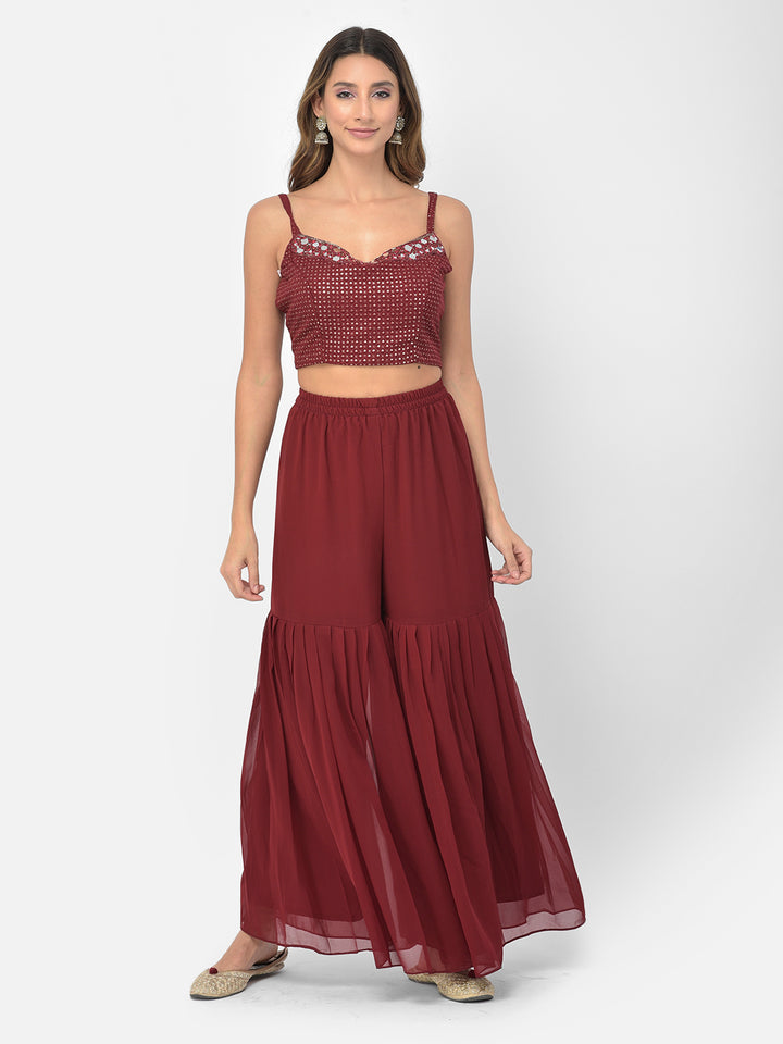 Neerus Maroon georgette embellished co-ord set - front view