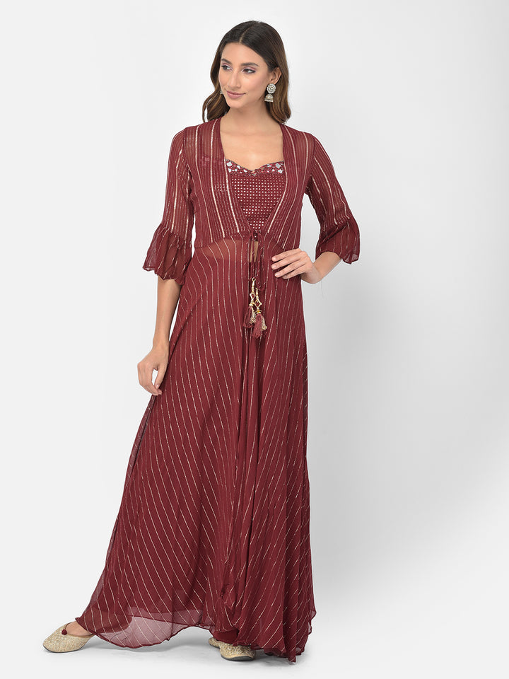 Neerus Maroon georgette embellished co-ord set - back view