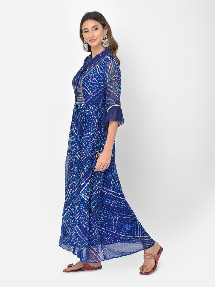Neerus Blue Georgette Mirror Work Kurti - front view