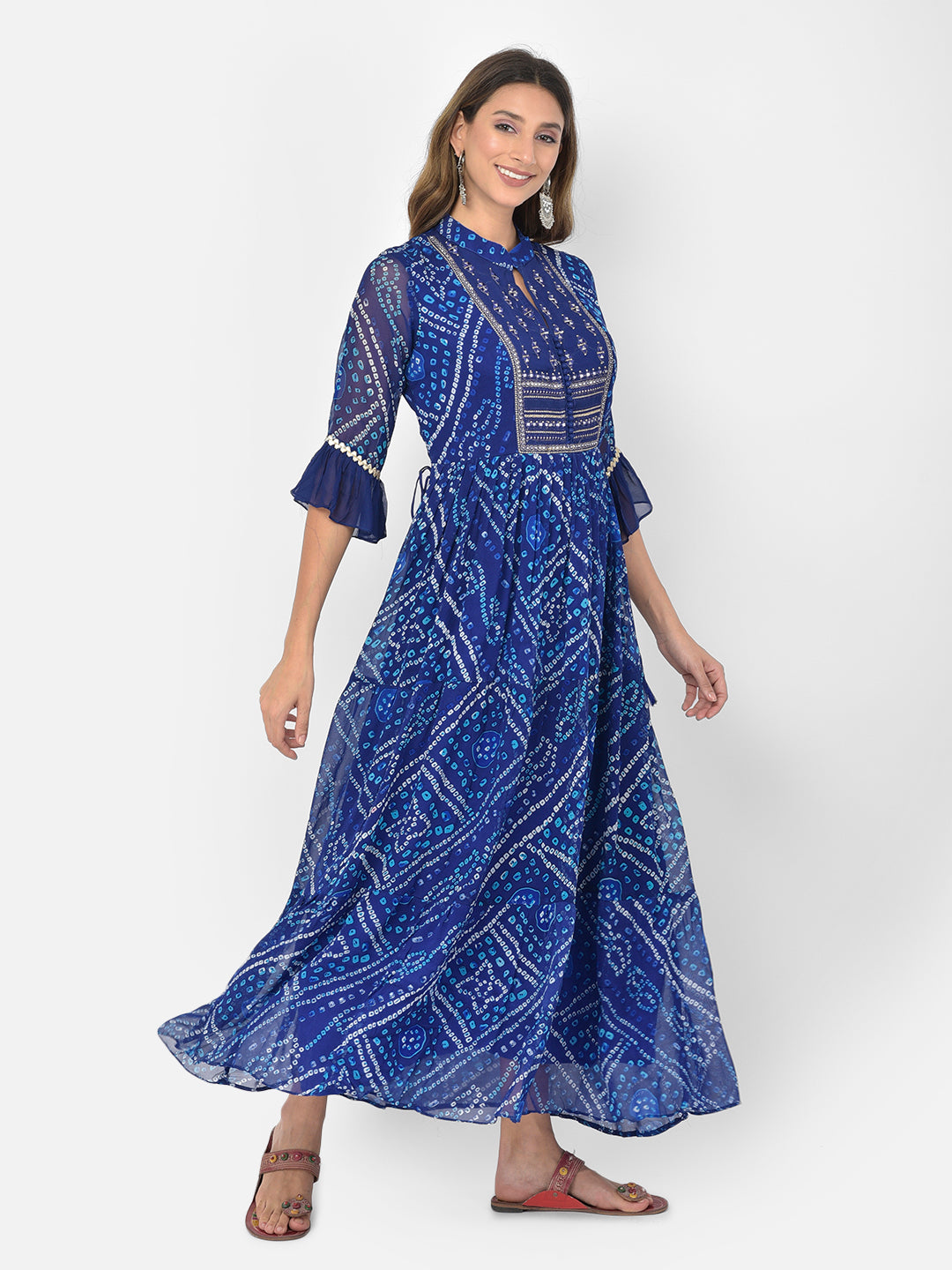 Neerus Blue Georgette Mirror Work Kurti - back view