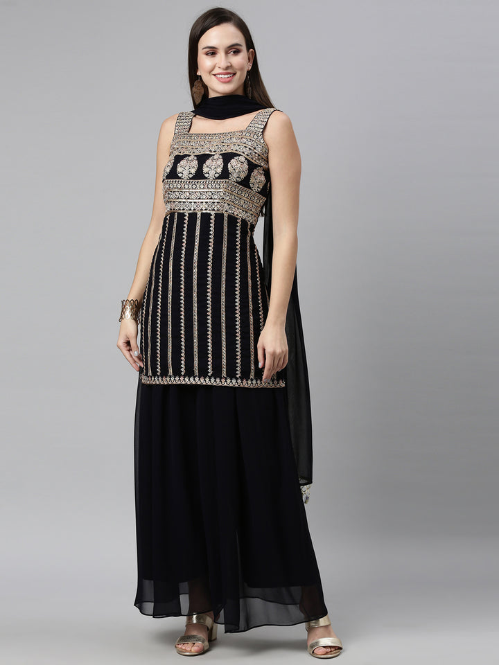 Neerus Black Color Poly Georgette Fabric Readymade Suits