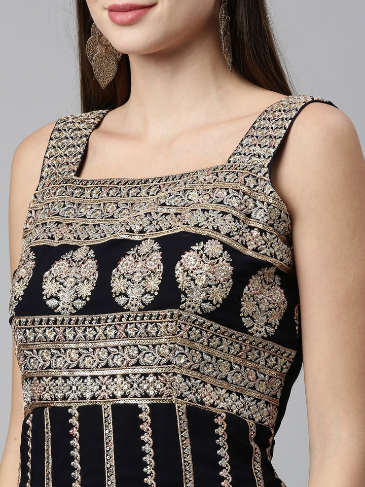 Neerus Black Color Poly Georgette Fabric Readymade Suits