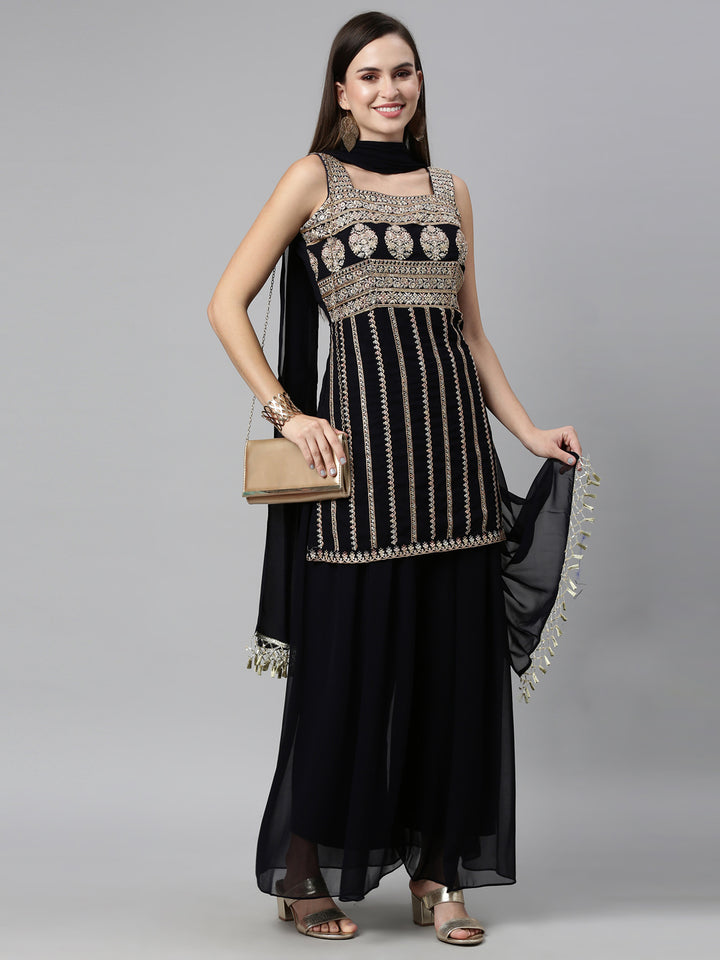 Neerus Black Color Poly Georgette Fabric Readymade Suits