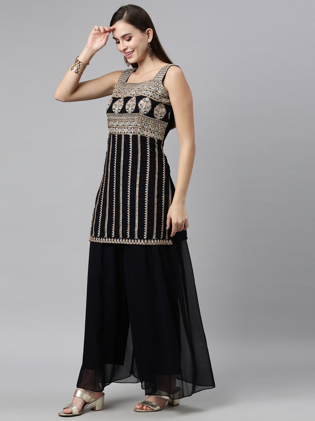 Neerus Black Color Poly Georgette Fabric Readymade Suits