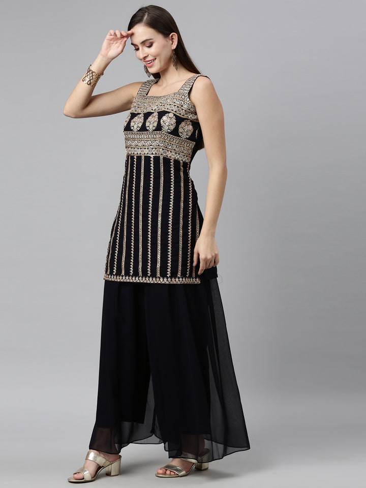 Neerus Black Color Poly Georgette Fabric Readymade Suits