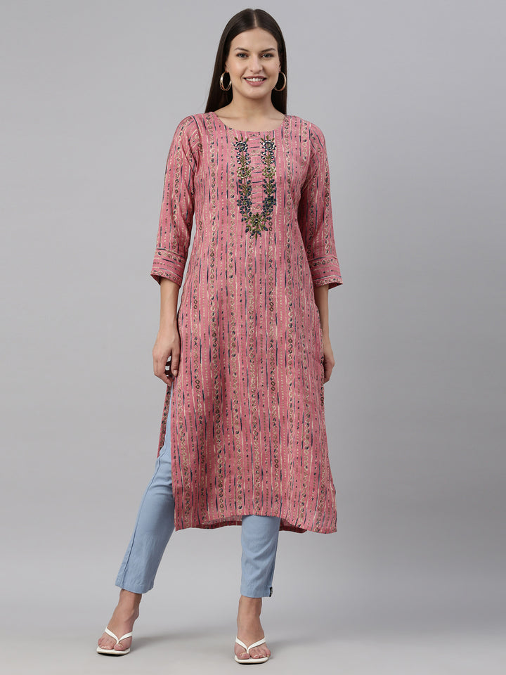 Neerus Pink georgette straight kurta - detail view 6