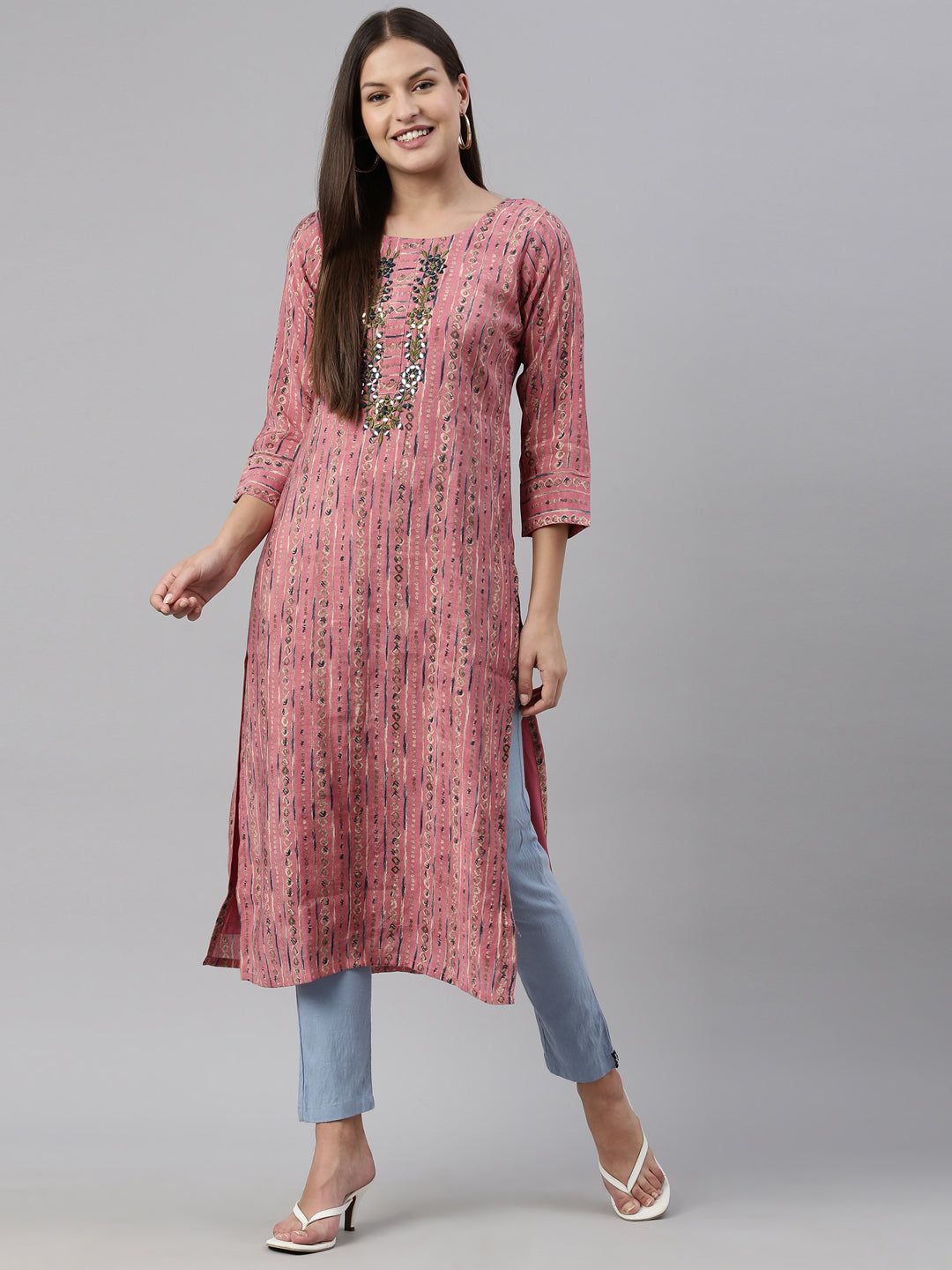Neerus Pink georgette straight kurta - detail view 3