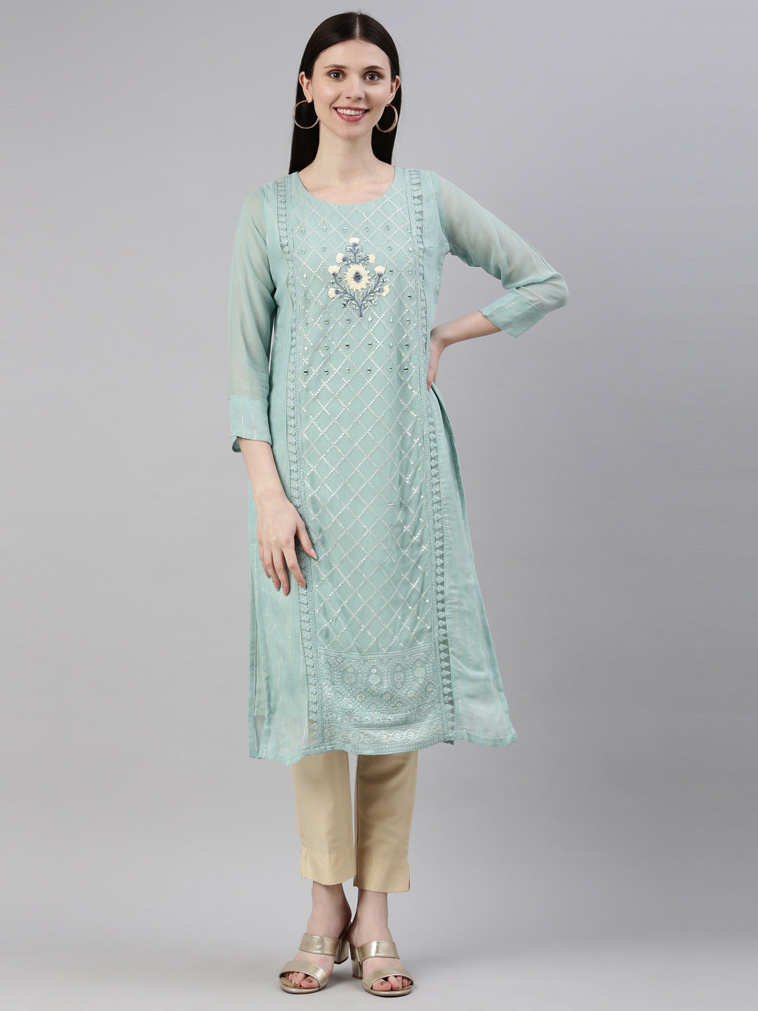 Neerus Blue georgette straight kurti - front view