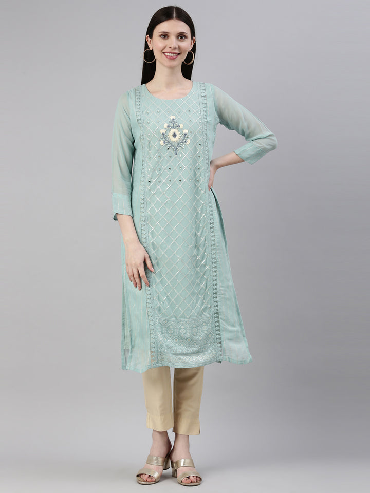 Neerus Blue georgette straight kurti - front view