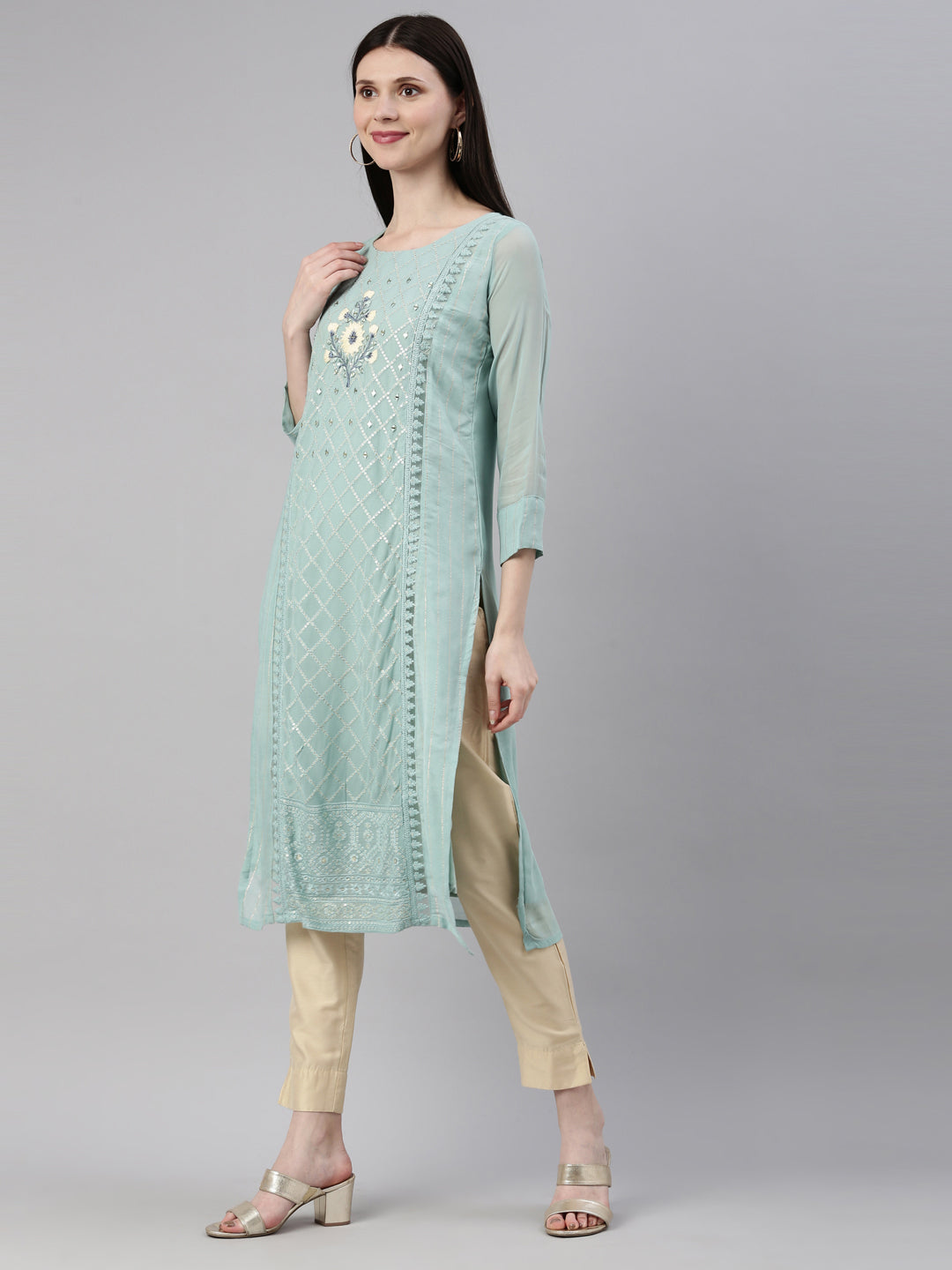 Neerus Blue georgette straight kurti - side view