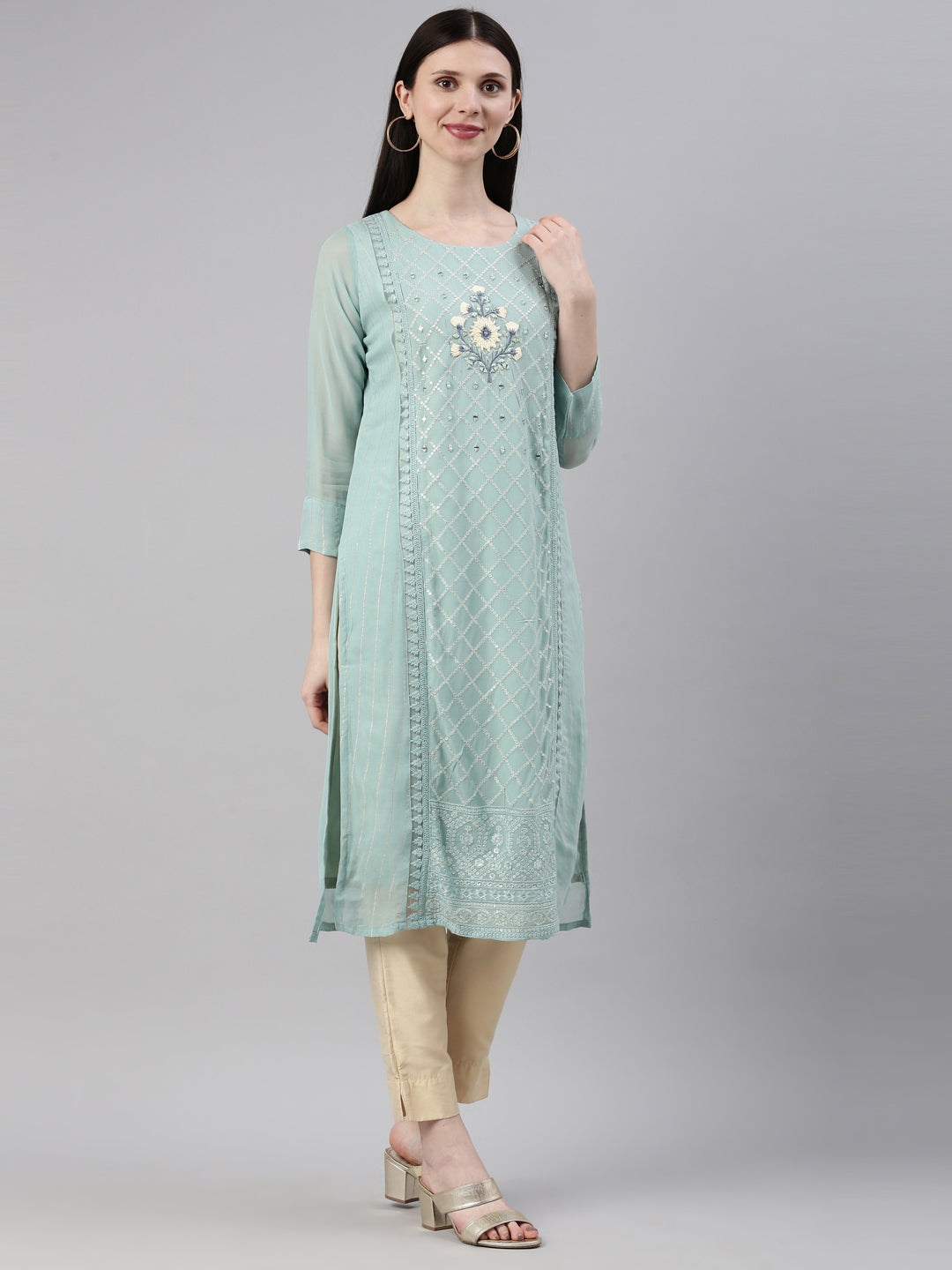 Neerus Blue georgette straight kurti - detail view 1