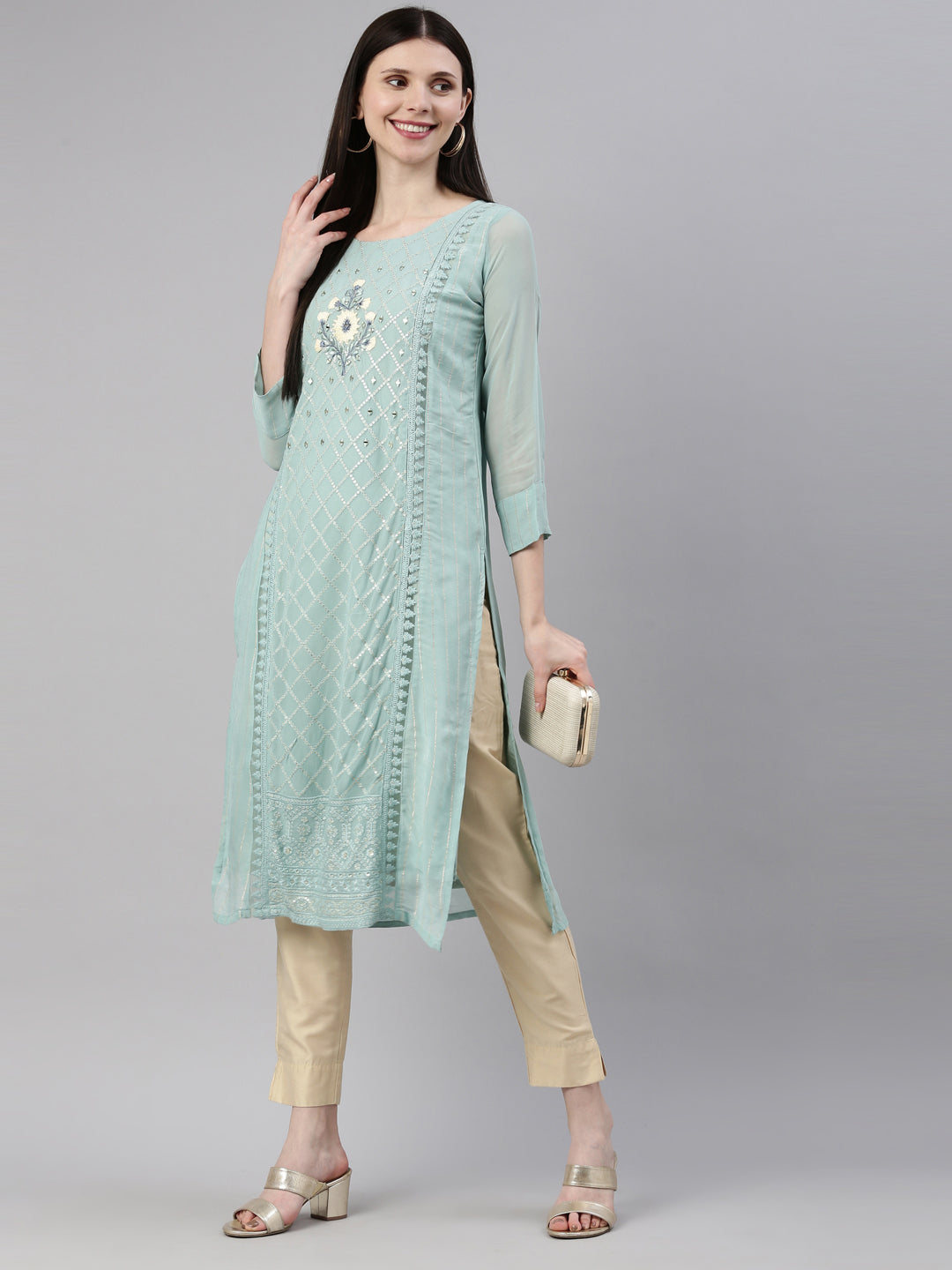 Neerus Blue georgette straight kurti - detail view 3