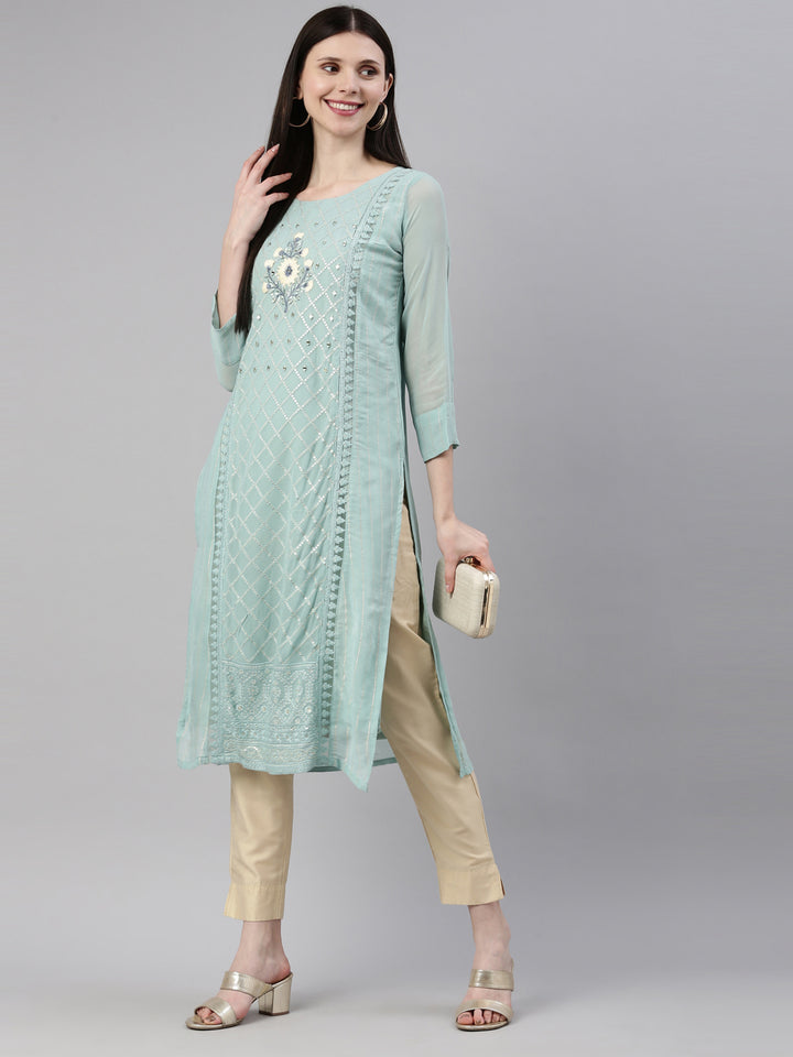 Neerus Blue georgette straight kurti - detail view 3