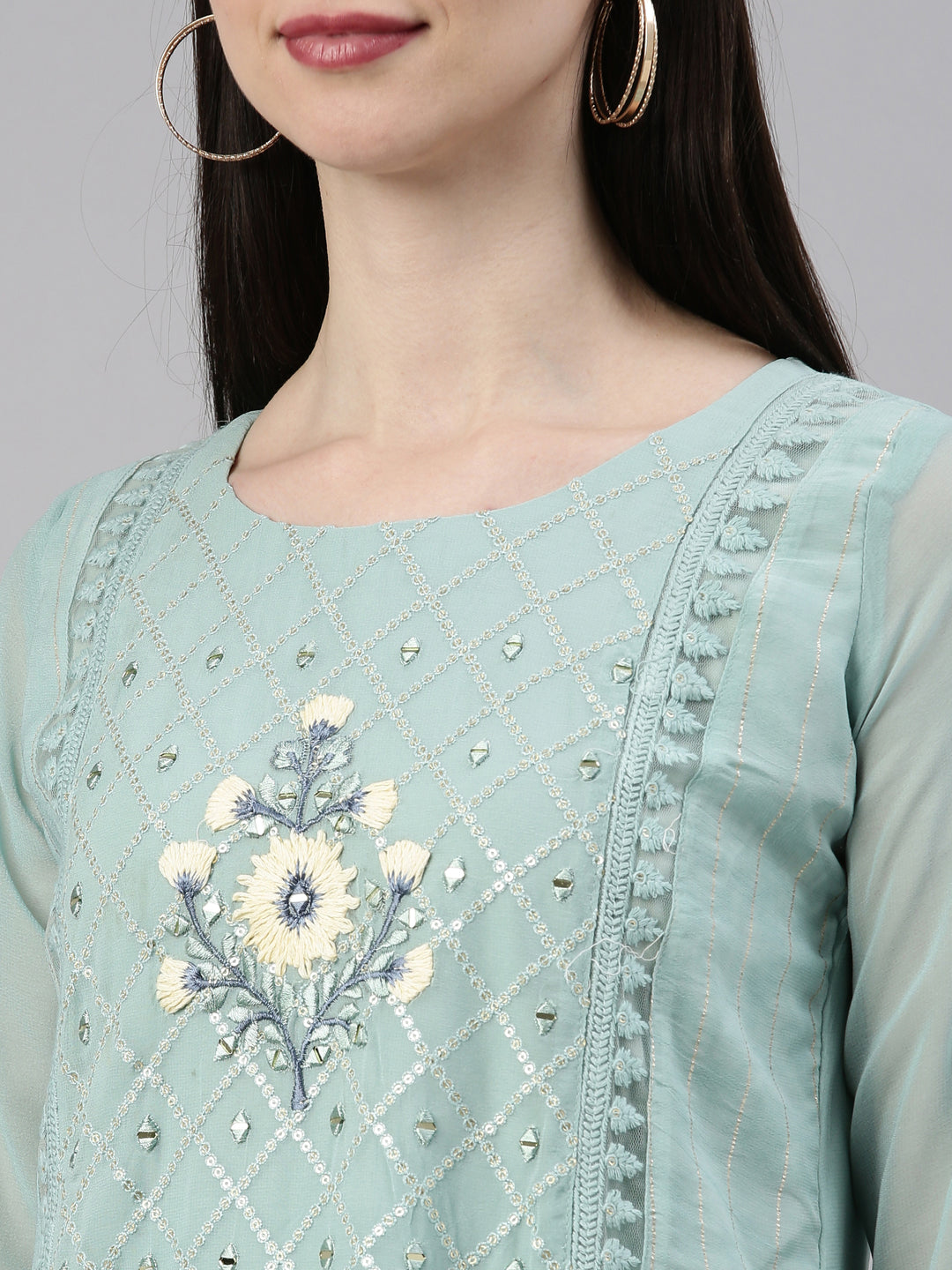 Neerus Blue georgette straight kurti - detail view 6