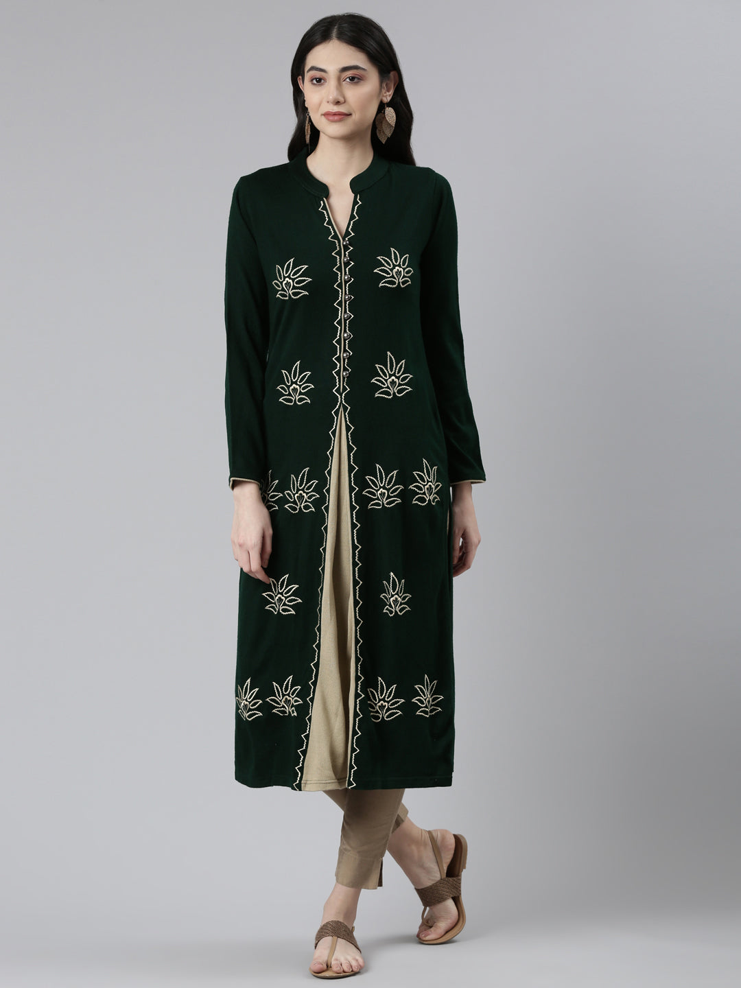 Neerus Green cotton embroidered straight kurta - front view