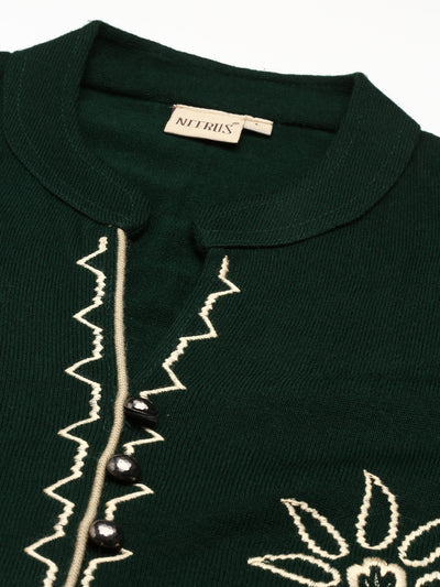 Neeru's Green Straight Embroidered Cotton Wool Kurtas