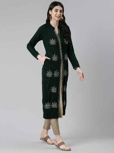 Neeru's Green Straight Embroidered Cotton Wool Kurtas