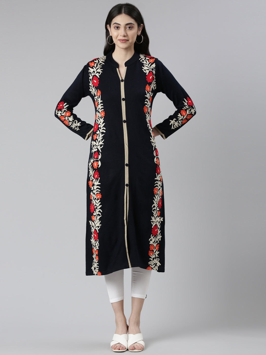 Neerus Blue cotton embroidered straight kurta - front view