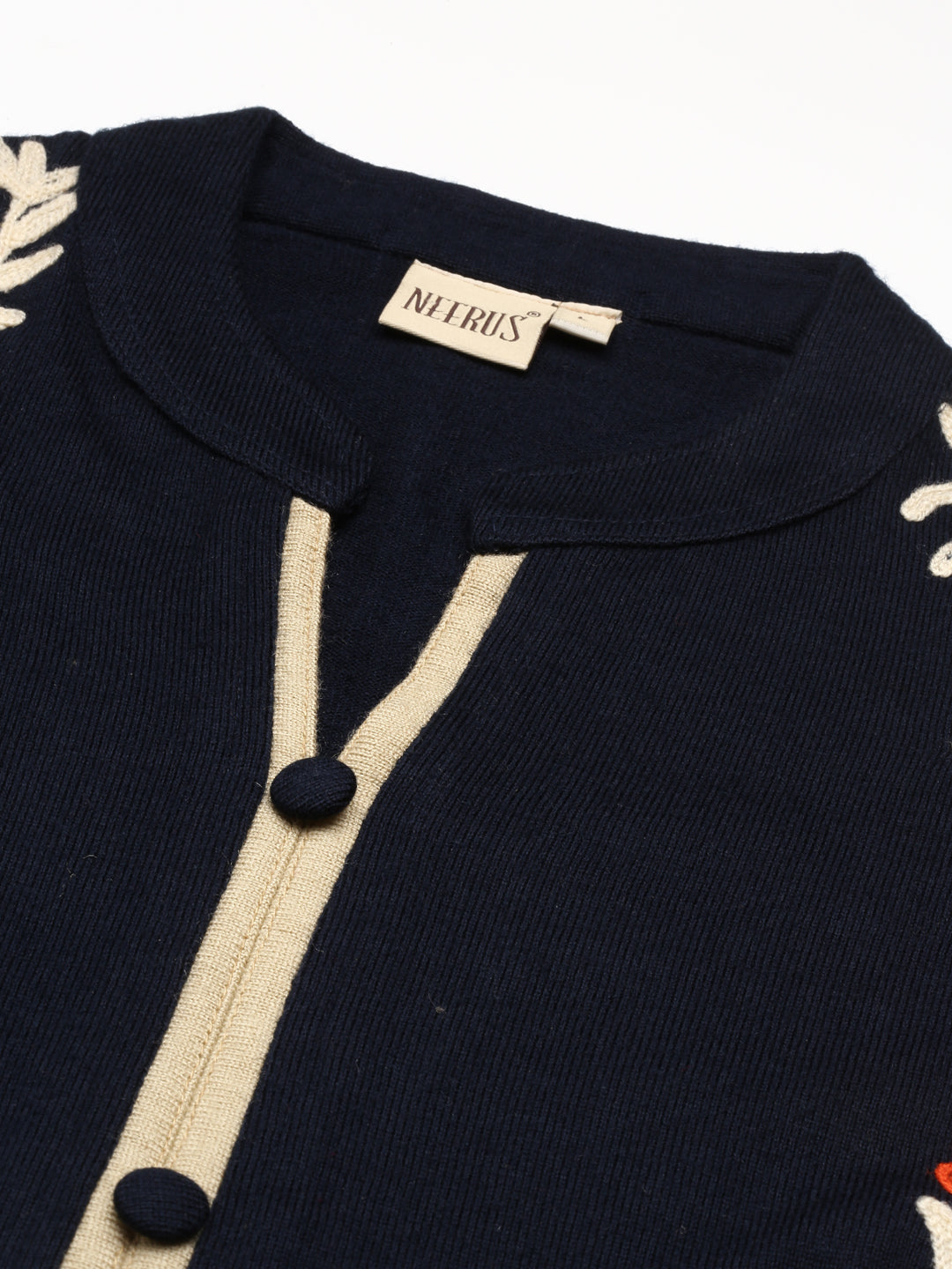 Neerus Blue cotton embroidered straight kurta - detail view 3